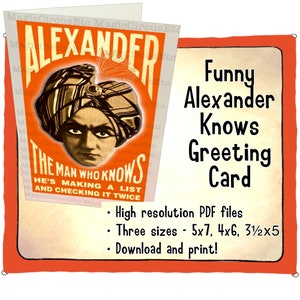 Alexander Magician Knows psychische wenskaart. Mysterieuze ogentulband met mentalistische gedachtenlezer. Grappige komedie afdrukbare download