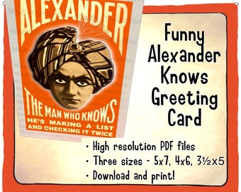 Alexander Magician Knows psychic greeting card. Mysterious eyes turban wearing mentalist mind reader. Funny comedy printable download