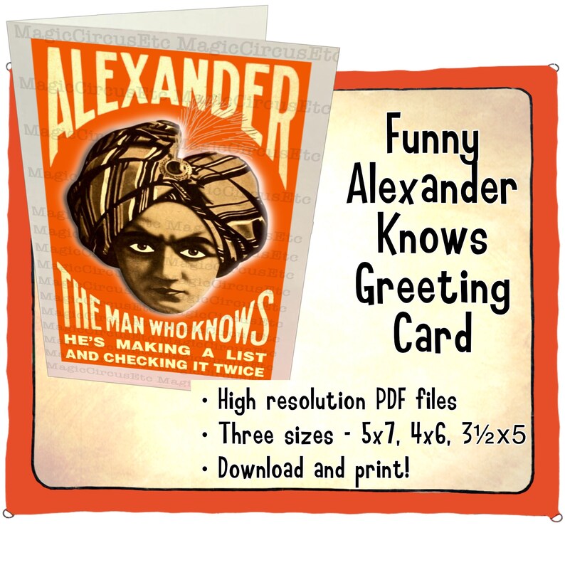 Alexander Magician Knows psychic greeting card. Mysterious eyes turban wearing mentalist mind reader. Funny comedy printable download image 1