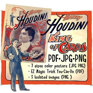 Vintage Houdini-goochelaarposter, afdrukbare grote bestanden met hoge resolutie. Bevat geïsoleerde afbeeldingen en bonusinstructies voor goocheltrucs.