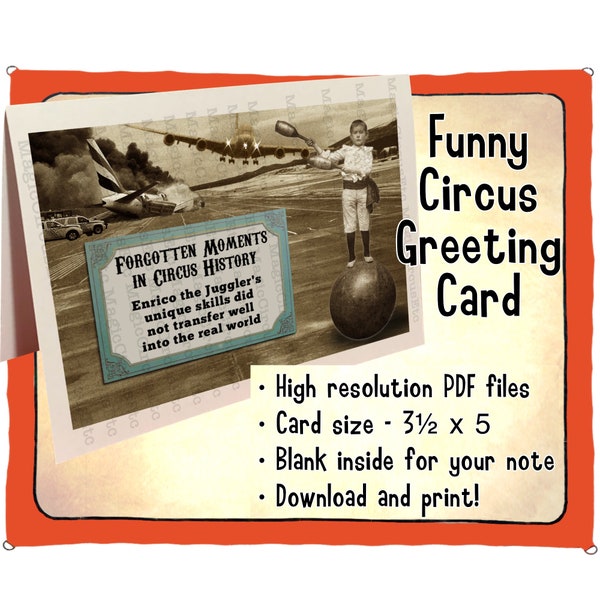 Circus juggler greeting card. Funny meme. For circus fans, performers. Printable download, card size 3.5x5.