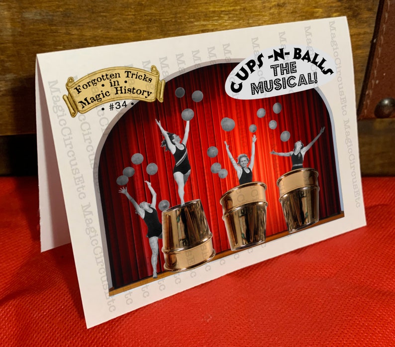 Comedy magician cups and balls trick greeting card. Funny musical theater meme. For magic fans. Printable download, card size 3.5x5. image 2