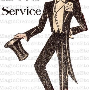 Magician in tuxedo and top hat offering his magical services. Vintage unique style. Printable download, card size 5x7. image 2