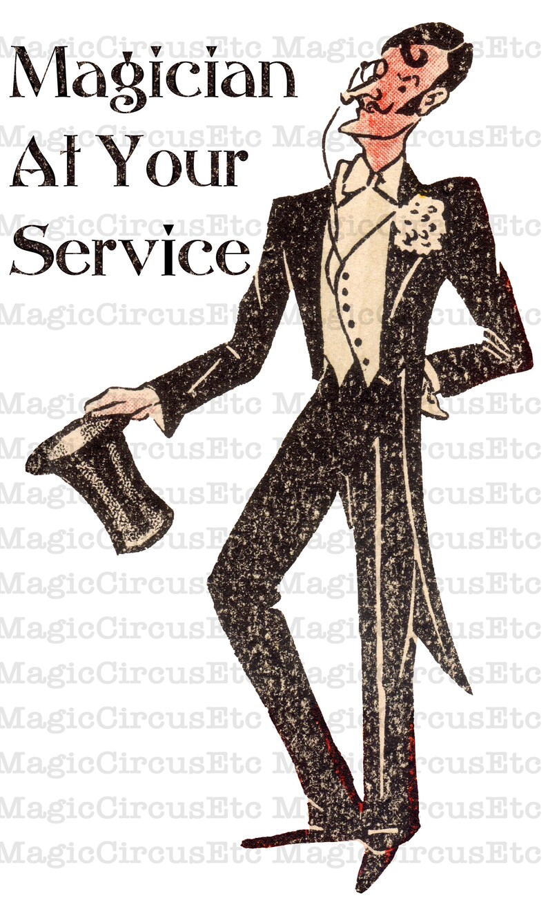 Magician in tuxedo and top hat offering his magical services. Vintage unique style. Printable download, card size 5x7. image 2