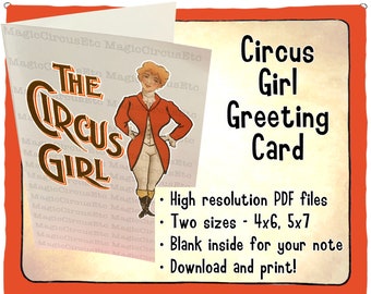 Circus Girl greeting card. For circus fans, performers, aerialists, equestrians. Printable download, 2 sizes - 5x7, 4x6