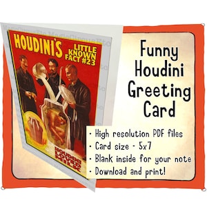 Houdini berühmte Milchkanne entweichen, lustige Grußkarte für Magie-Fans. Trivia wenig bekannte Tatsache. Printable Download, Kartengröße 5x7.