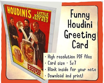 Houdini famous milk can escape, funny greeting card for magic fans. Trivia little known fact. Printable download, card size 5x7.