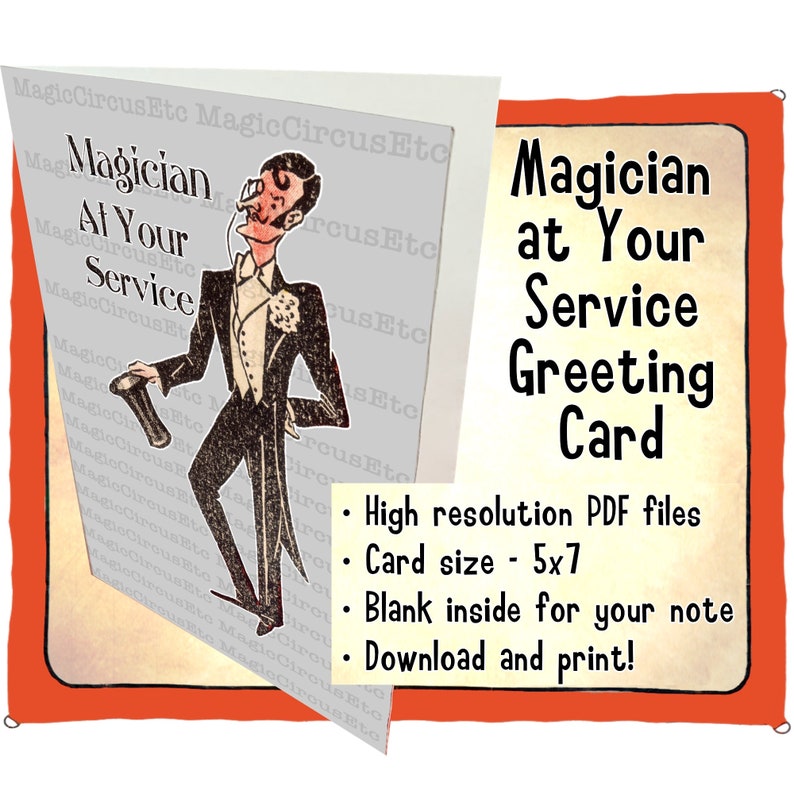 Magician in tuxedo and top hat offering his magical services. Vintage unique style. Printable download, card size 5x7. image 1