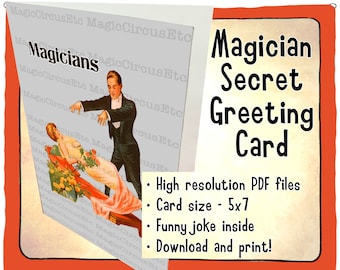 The magician secret to make assistants float. Vintage unique magic style. Printable download, card size 5x7.