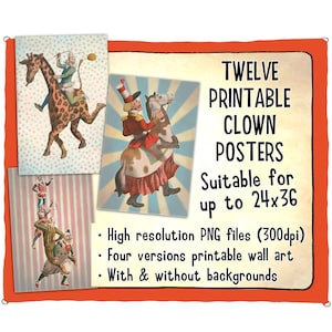 Twelve fancy circus clowns printable wall art posters. Hi-res PNG files, all with and without backgrounds image 1