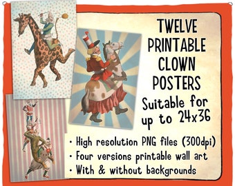 Twelve fancy circus clowns printable wall art posters. Hi-res PNG files, all with and without backgrounds