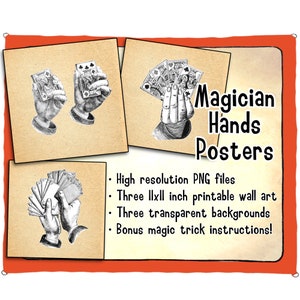 Pósteres de arte de pared imprimibles de manos de mago. Archivos PNG de alta resolución que muestran varias etapas de manipulación, ¡también incluyen instrucciones de trucos de magia!