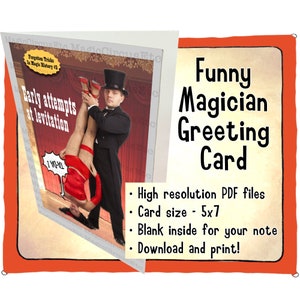 Comedy magician levitation trick greeting card. Funny floating illusion assistant. For magic fans. Printable download, card size 5x7. image 1