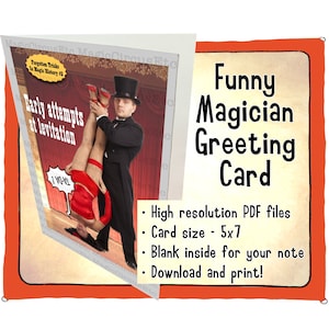 Biglietto d'auguri per il trucco della levitazione del mago comico. Divertente assistente per l'illusione fluttuante. Per gli appassionati di magia. Download stampabile, formato carta 5x7.