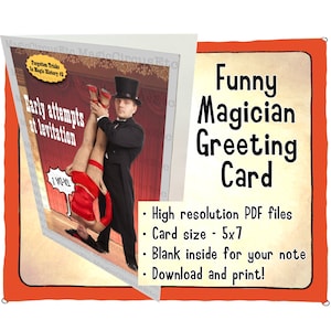 Comedy magician levitation trick greeting card. Funny floating illusion assistant. For magic fans. Printable download, card size 5x7. image 1