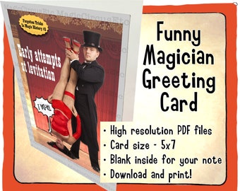 Comedy magician levitation trick greeting card. Funny floating illusion assistant. For magic fans. Printable download, card size 5x7.