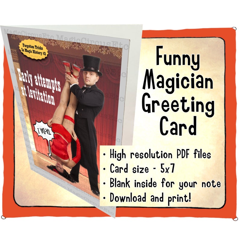 Comedy magician levitation trick greeting card. Funny floating illusion assistant. For magic fans. Printable download, card size 5x7. image 1