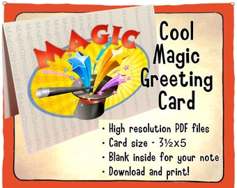 Magic, wand, stars bursting from magician's top hat. For magic fans. Printable download, card size 3.5x5.