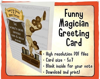 Comedy magician cups and balls trick greeting card. Funny acrobat illusionist. For magic fans. Printable download, card size 5x7.