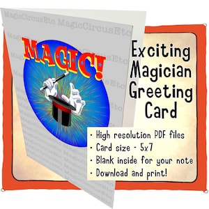 Magician hands in white gloves and wand waving over top hat. MAGIC Printable download, card size 5x7. image 1