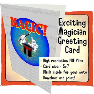 Magician hands in white gloves and wand waving over top hat. MAGIC Printable download, card size 5x7. image 1