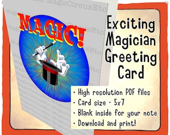 Magician hands in white gloves and wand waving over top hat. MAGIC! Printable download, card size 5x7.