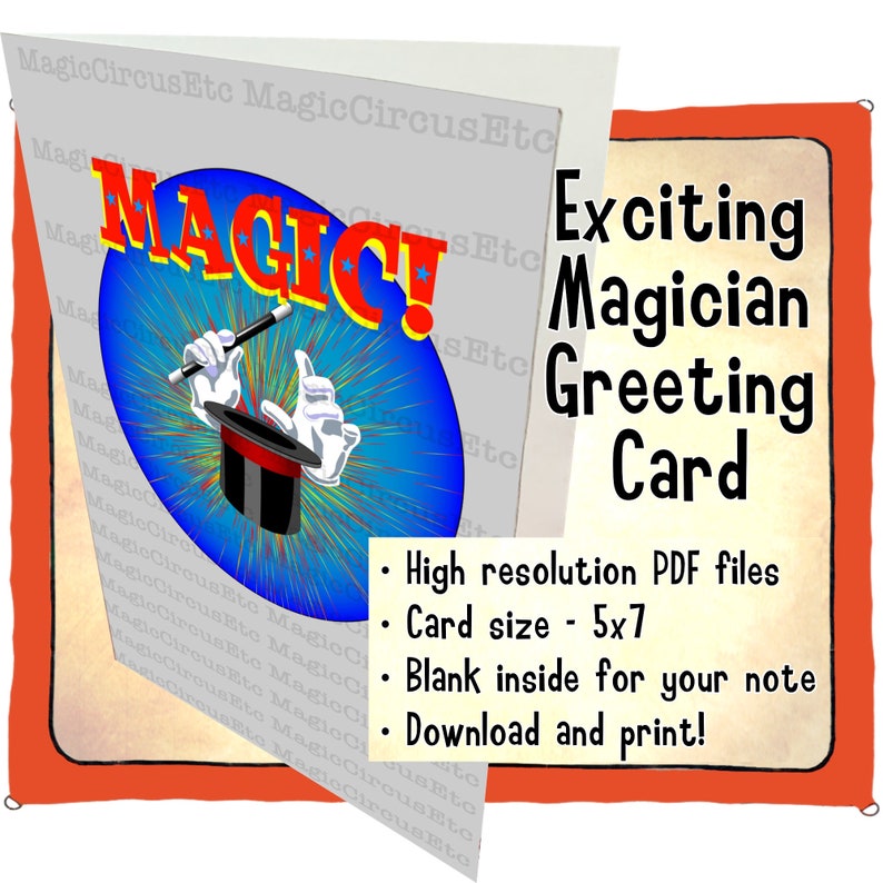 Magician hands in white gloves and wand waving over top hat. MAGIC Printable download, card size 5x7. image 1