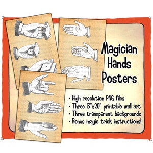 Magician's hands printable wall art posters. Hi-res PNG files showing various stage of manipulation, also include magic trick instructions image 1