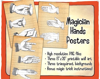 Magician's hands printable wall art posters. Hi-res PNG files showing various stage of manipulation, also include magic trick instructions!