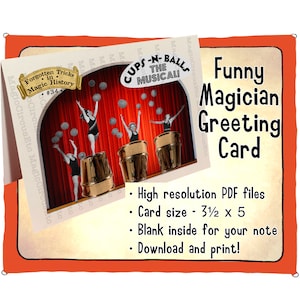 Biglietto d'auguri per trucchi con tazze e palline del mago comico. Meme divertente sul teatro musicale. Per gli appassionati di magia. Download stampabile, formato carta 3,5x5.