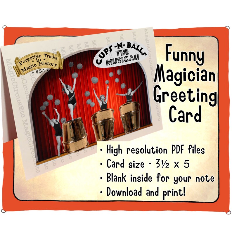 Comedy magician cups and balls trick greeting card. Funny musical theater meme. For magic fans. Printable download, card size 3.5x5. image 1
