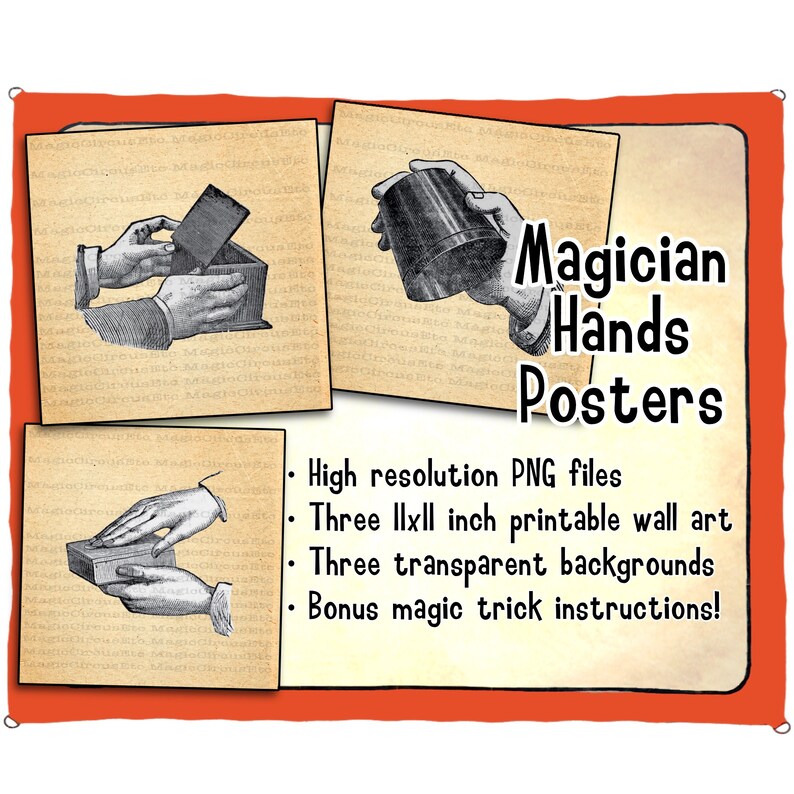 Magician's hands printable wall art posters. Hi-res PNG files showing various stage of manipulation, also include magic trick instructions image 1