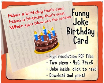 Comedy silly song birthday card. Funny party song kids love to sing at birthday parties. Printable download, 2 sizes - 3.5x5, 4x6