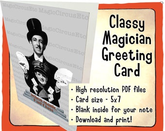 Cardini magician classy greeting card for magic fans. Classic card magic routine. Printable download, card size 5x7.