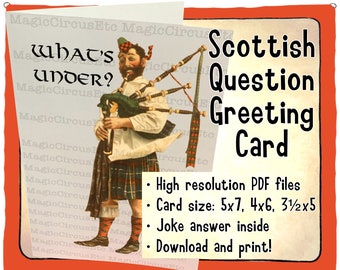 Bagpipe player in kilt answering age old question... what's underneath? Cheeky Scottish joke. Printable download card sizes 5x7, 4x6, 3.5x5.