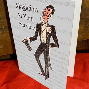 Magician in tuxedo and top hat offering his magical services. Vintage unique style. Printable download, card size 5x7. image 3