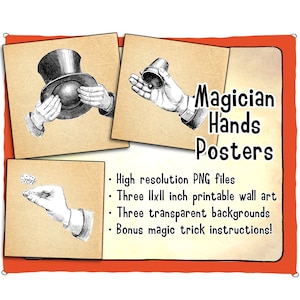 Magician's hands printable wall art posters. Hi-res PNG files showing various stage of manipulation, also include magic trick instructions image 1