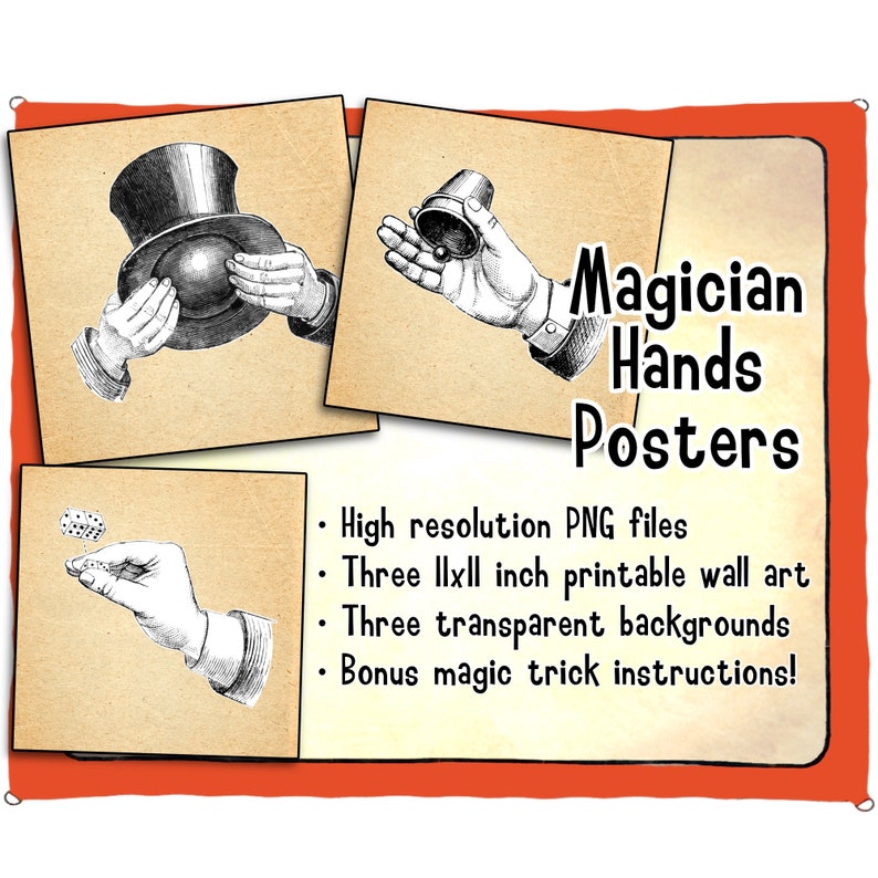 Magician's hands printable wall art posters. Hi-res PNG files showing various stage of manipulation, also include magic trick instructions image 1