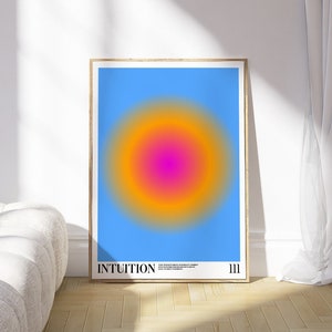 May include: A poster with a gradient circle in shades of orange, pink, and purple on a blue background. The poster has the word "INTUITION" and the number "III" at the bottom.