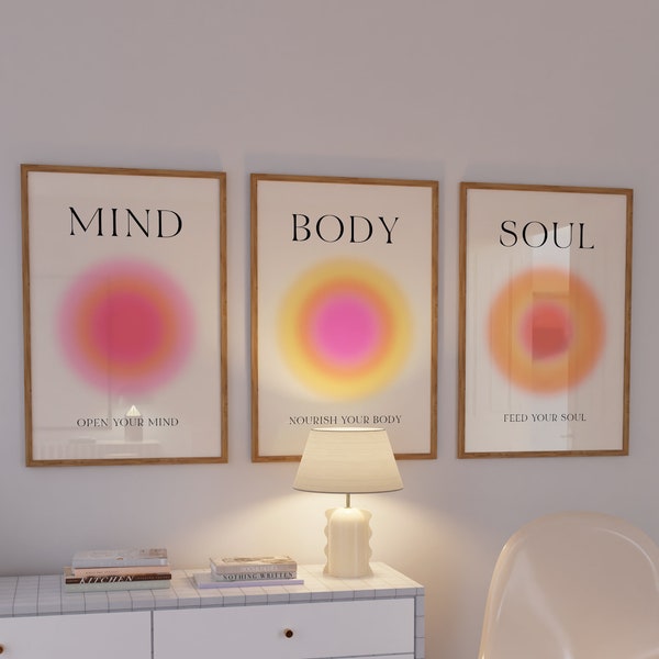 Set of 3 Spiritual Wisdom Art Prints, Wall Art Print Set, Trendy Gradient Aura Poster, Gift, Mind Body Soul Posters, Pink Aura Posters