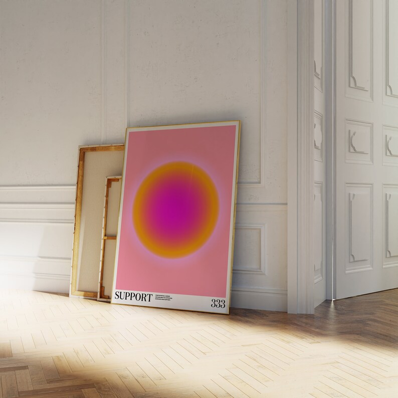 May include: A pink poster with a large, yellow and pink gradient circle in the center. The poster has the text "SUPPORT" and "333" at the bottom.