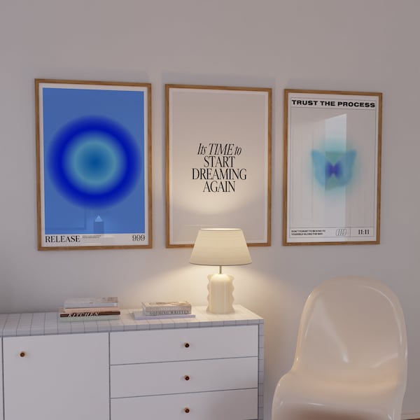 Blue Aura Art Print Set, Spiritual Wisdom Art Prints, Wall Art Set, Trendy Gradient Aura Poster, Angel Numbers, Inspirational Quote