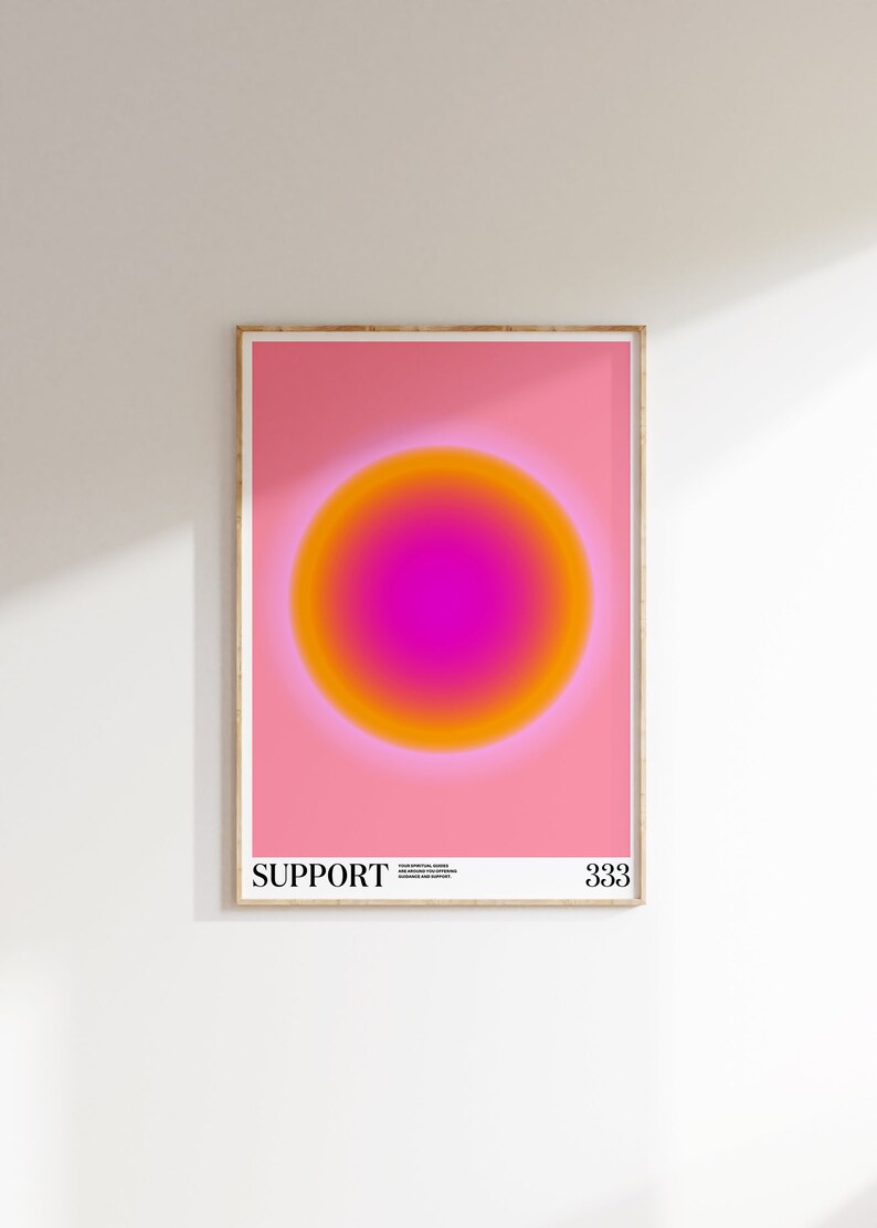 May include: A pink and orange gradient circle on a pink background with the text "SUPPORT YOUR SPIRITUAL CORE.  RESILIENCE AND STRENGTH.  BALANCE AND SUPPORT." and "333" below the circle.