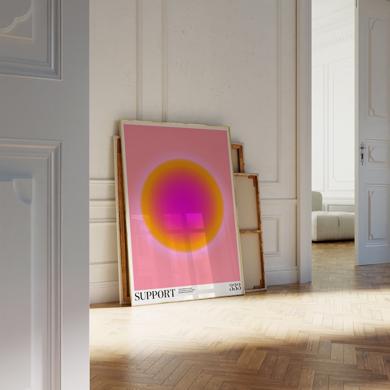 May include: A pink and yellow gradient circle on a pink background with the word "SUPPORT" and the number "333" in black text.