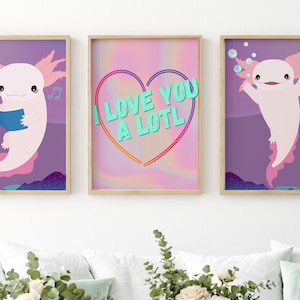 Set di 3 decorazioni murali stampabili / dimensioni 8x10, 5x7, 4x6 incluse / axolotl / carino / insegna al neon / olografico / amore / kawaii / rosa / viola