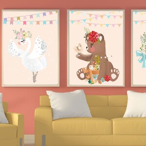Set of 3 Printable Nursery Wall Decor /flower Animals / Pink/ Cute Art ...