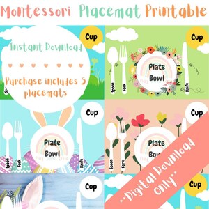 Könnte beinhalten: Fünf druckbare Montessori-Platzsets mit einem Hasen, Blumen und einem Regenbogen. Jedes Platzset enthält einen Teller, eine Schüssel, eine Tasse, einen Löffel, eine Gabel und ein Messer. Der Text "Sofortiger Download" und "Kauf beinhaltet 5 Platzsets" ist sichtbar. Der Text "Digitaler Download nur" ist ebenfalls sichtbar.