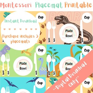Könnte beinhalten: Fünf druckbare Dinosaurier-Platzsets für Kinder. Jedes Platzset zeigt einen anderen Dinosaurier, einen Teller, eine Schüssel, eine Tasse, einen Löffel, eine Gabel und ein Messer. Die Platzsets sind so konzipiert, dass Kinder Tischmanieren und das Decken des Tisches lernen. Der Text auf den Platzsets lautet "Montessori Placemat Printable", "Sofort-Download", "Kauf beinhaltet 5 Platzsets", "Roar", "Plate Bowl", "May Dino Crew", "Knife", "Spoon", "Fork", "Cup", "Digitaler Download nur".