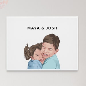Custom Children, Toddler, Baby, Pet, Dog, Cat Portrait with Names - Digital or Print Illustrated Cartoon Portrait - TWO Face/Figure Included