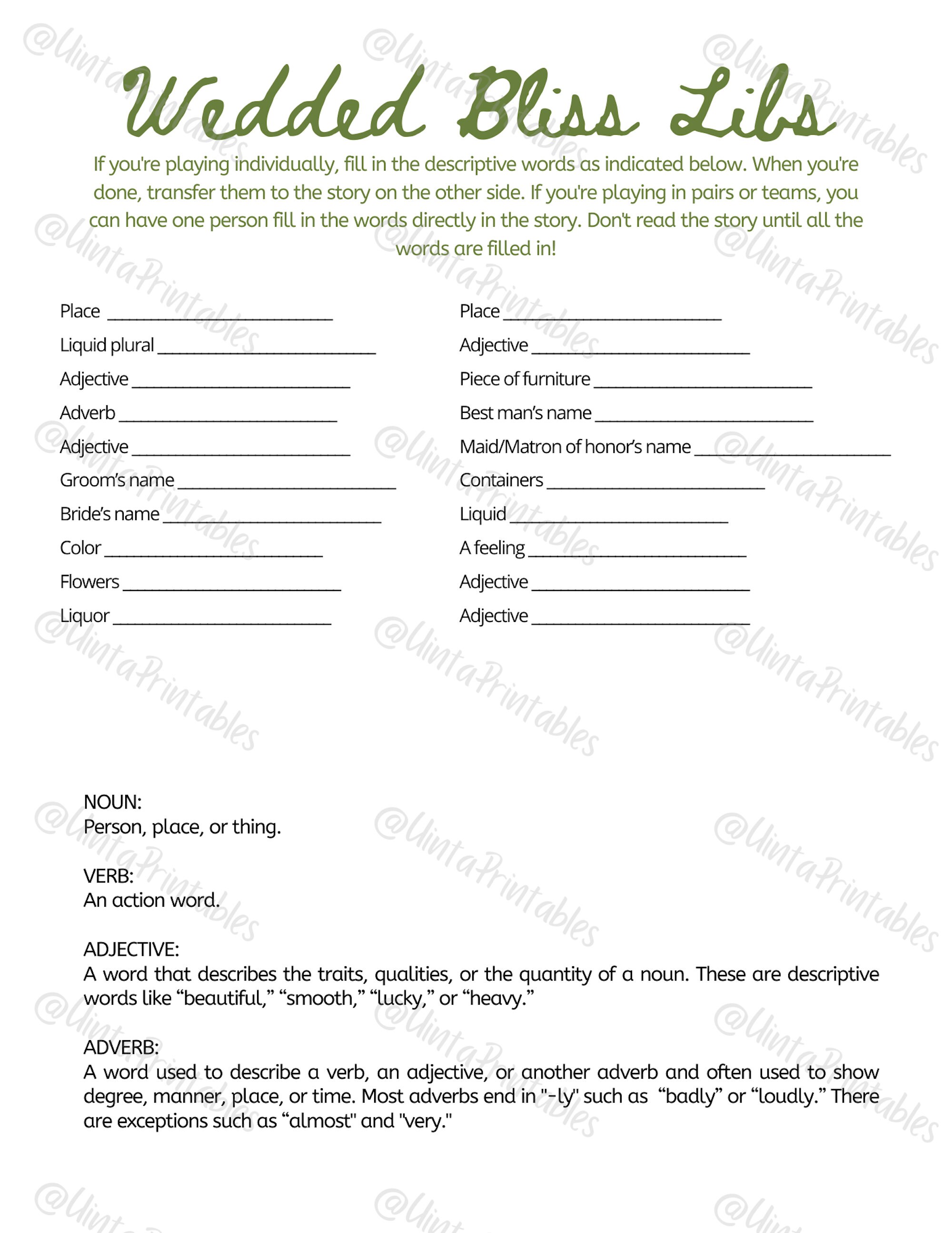 Printable Bridal Shower Game Wed Libs - Wedded Bliss Libs | the ...